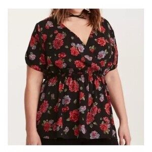 Torrid Rose Print Surplice Cinched Waist Top Blouse Red Black Size 2/US 2X NWT's